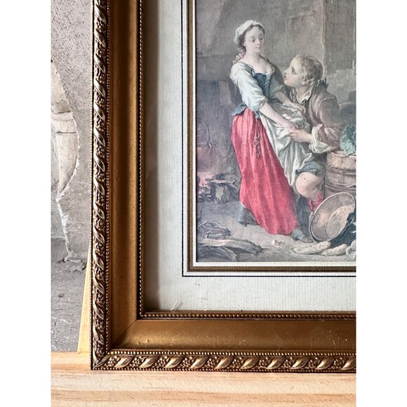 Vintage French Small Print in Gold Frame, Framed Wall Decor, Amour Scene - Picture 2 of 3